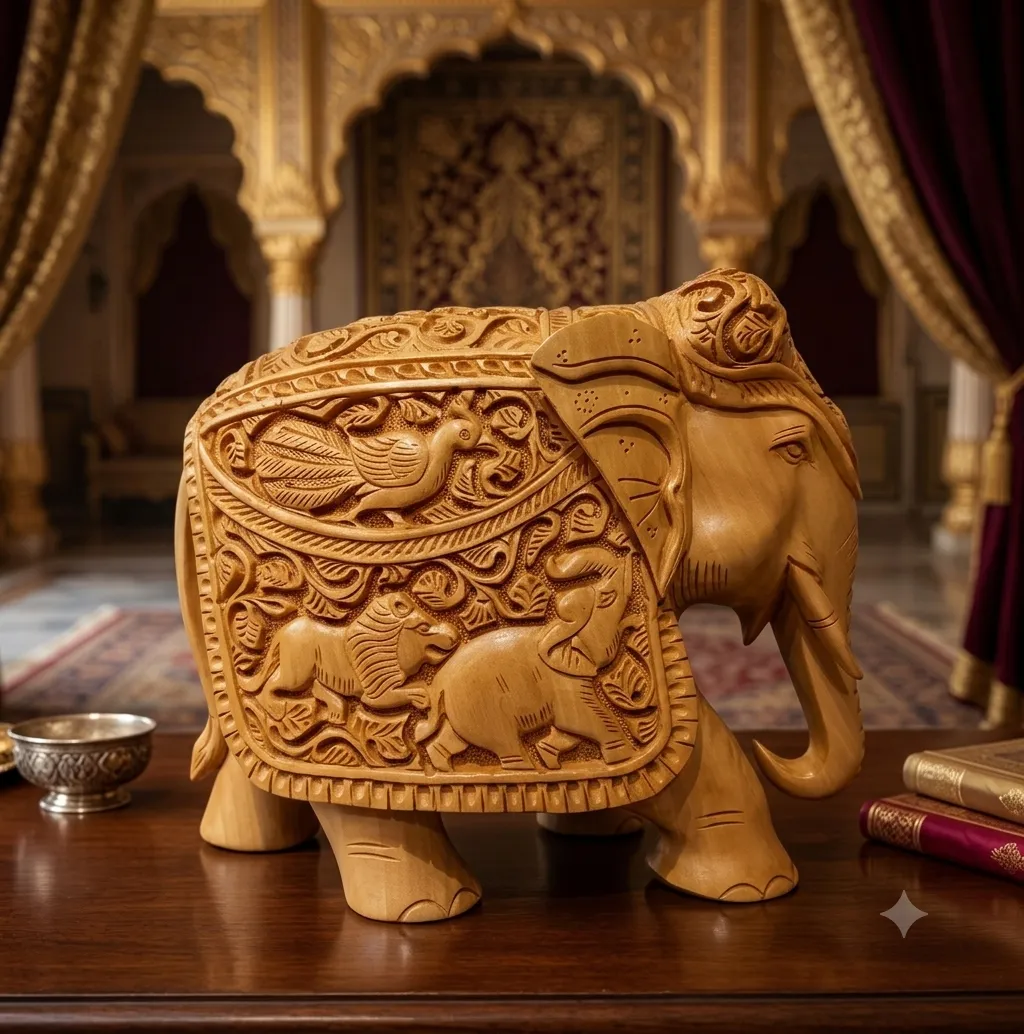 Carved Wooden Elephant with Peacock & Lion Motif