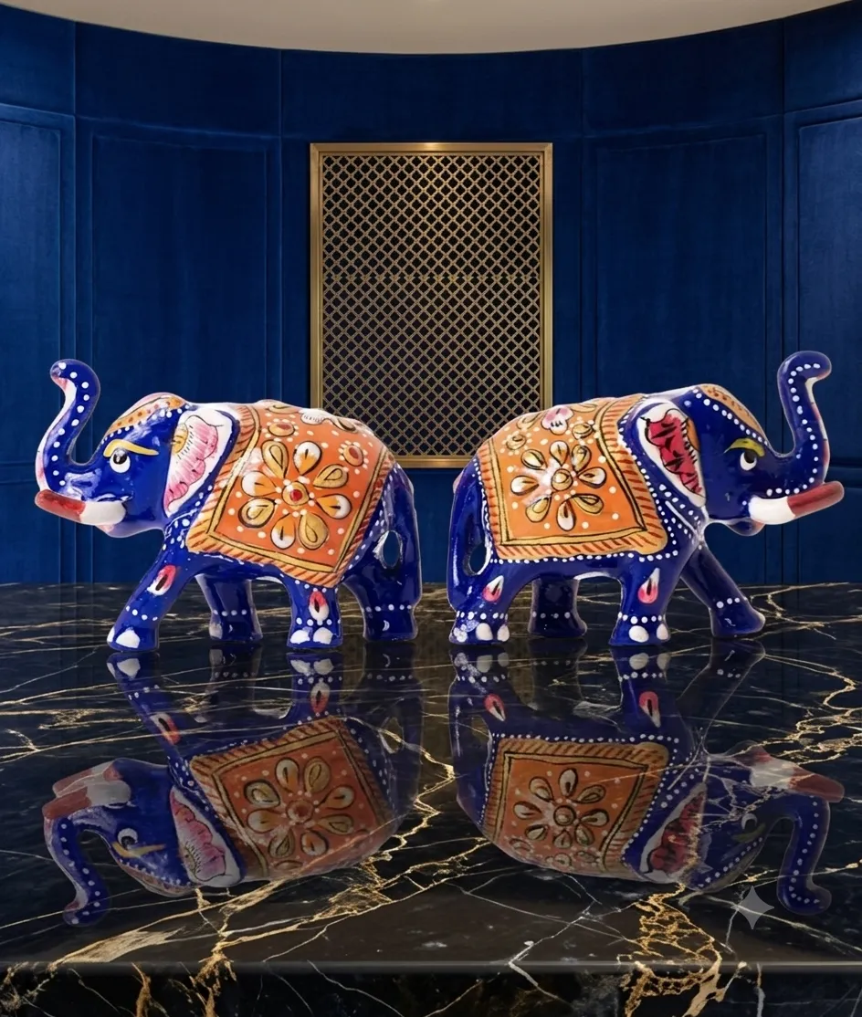Hand-Painted Blue Elephant Figurine Pair — view 2