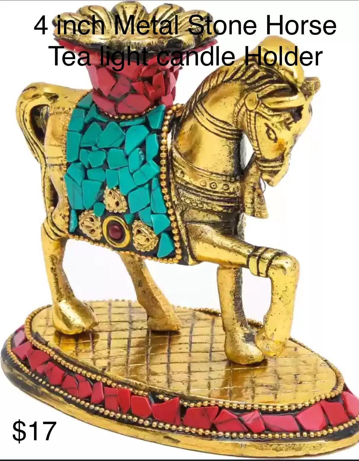 4-Inch Metal Stone Horse Tea Light Candle Holder