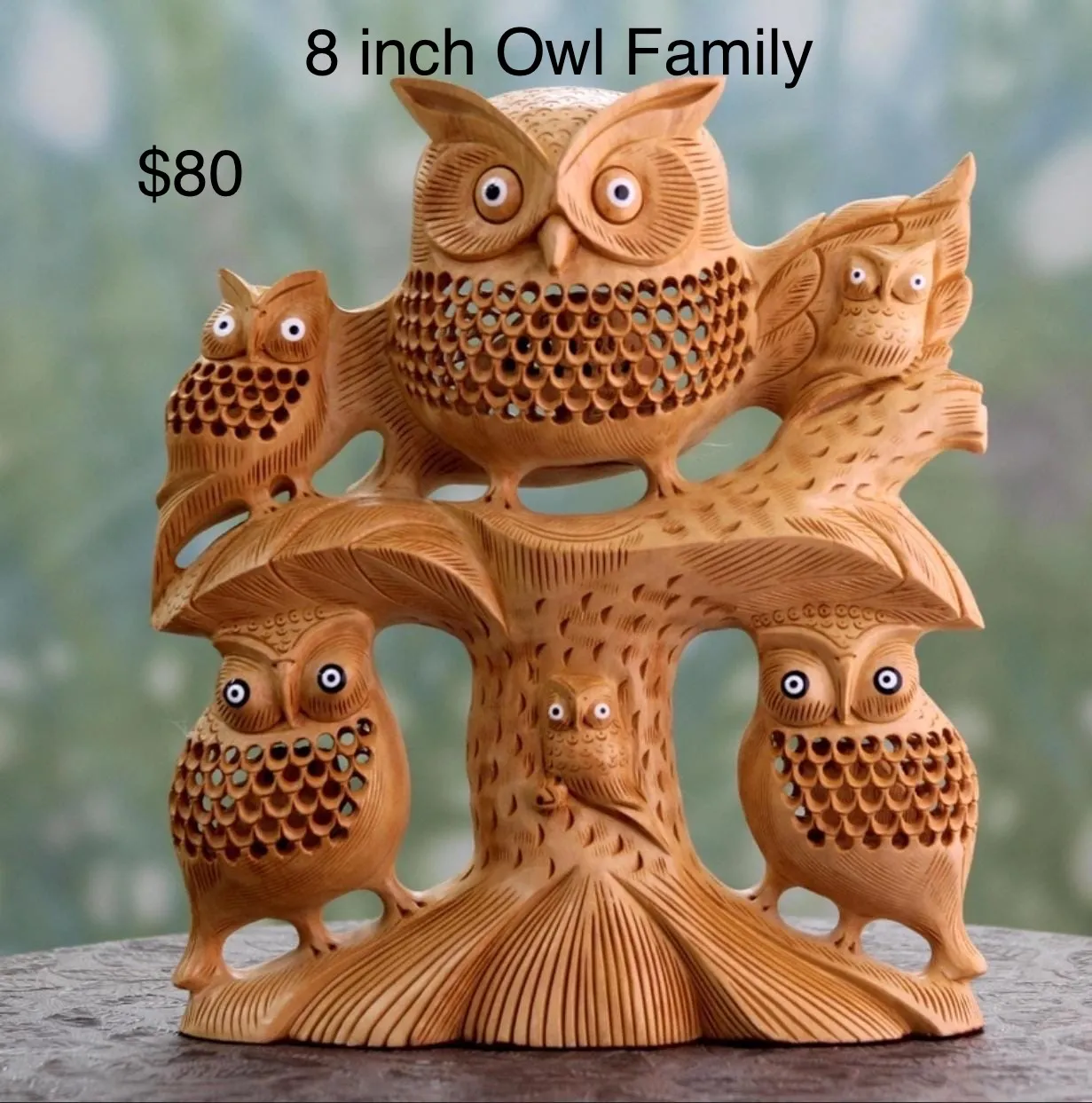 8-Inch Handcrafted Wooden Owl Family Decor