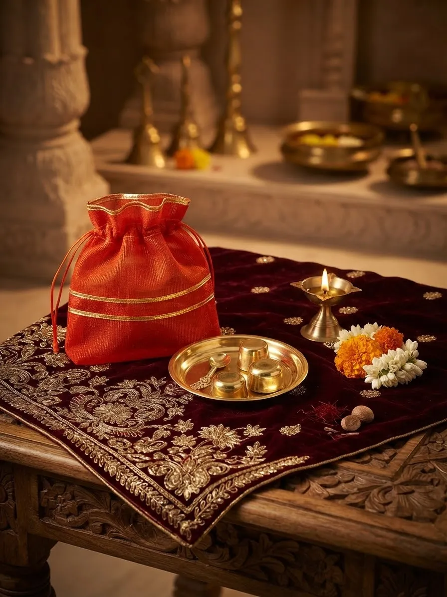 Red Zari-Border Silk Potli Bag